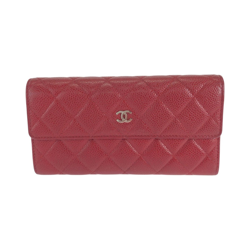 Chanel Quilted CC Logo Red Silver Caviar Leather Wallet