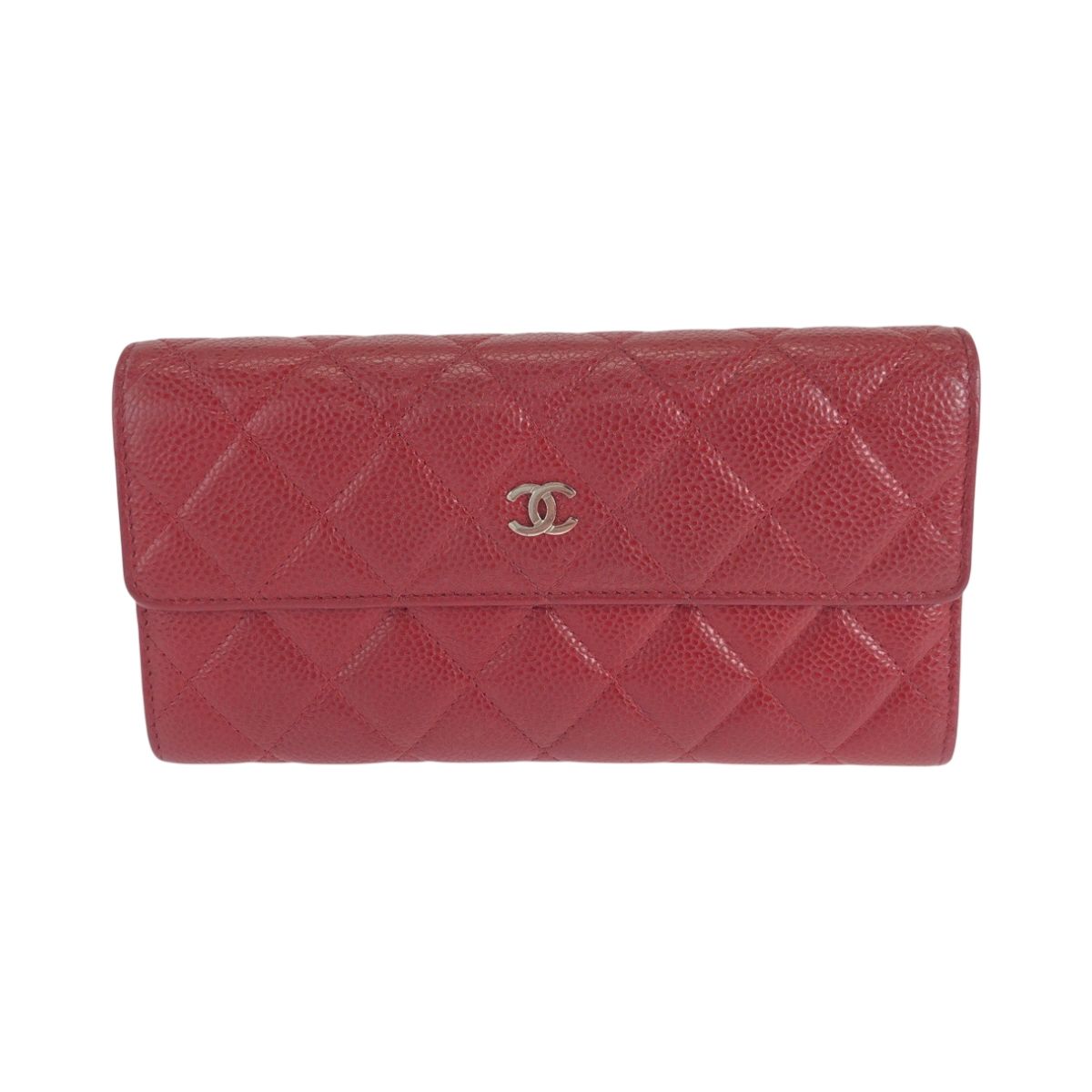 Chanel Quilted CC Logo Red Silver Caviar Leather Wallet