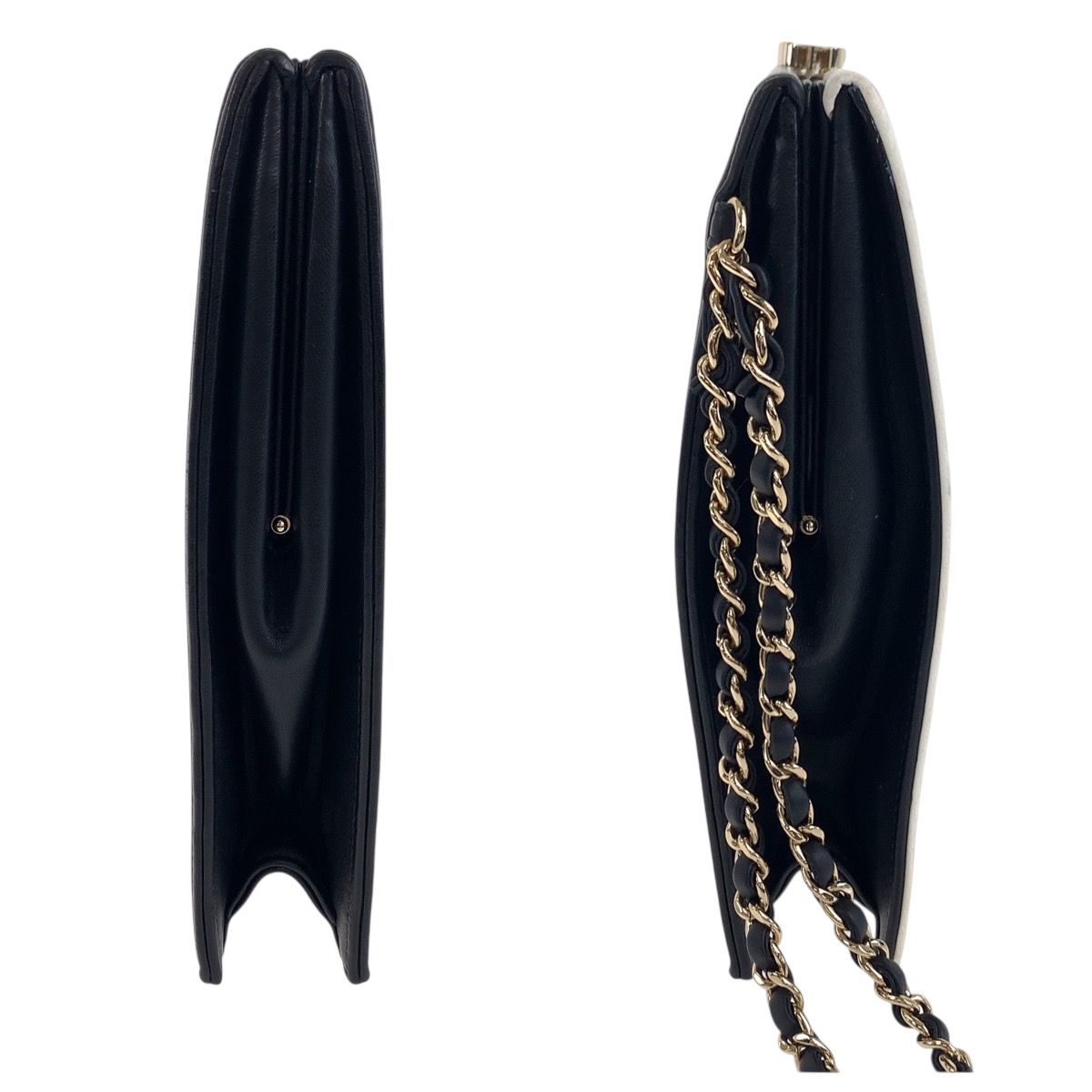 Chanel CC Logo White Black Gold Lambskin Chain Clutch — view 8