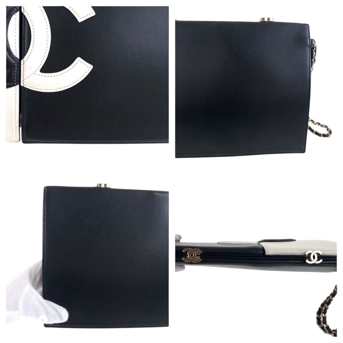 Chanel CC Logo White Black Gold Lambskin Chain Clutch — view 6