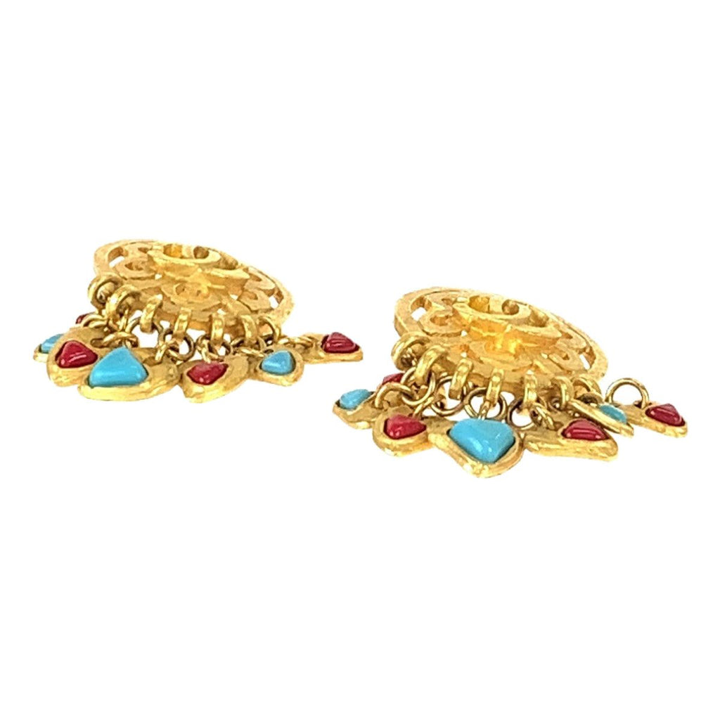 Chanel Vintage CC Logo Stone Gold Red Blue Plated Earrings Swing — view 3