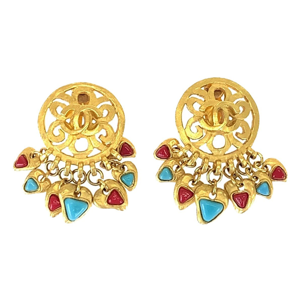 Chanel Vintage CC Logo Stone Gold Red Blue Plated Earrings Swing