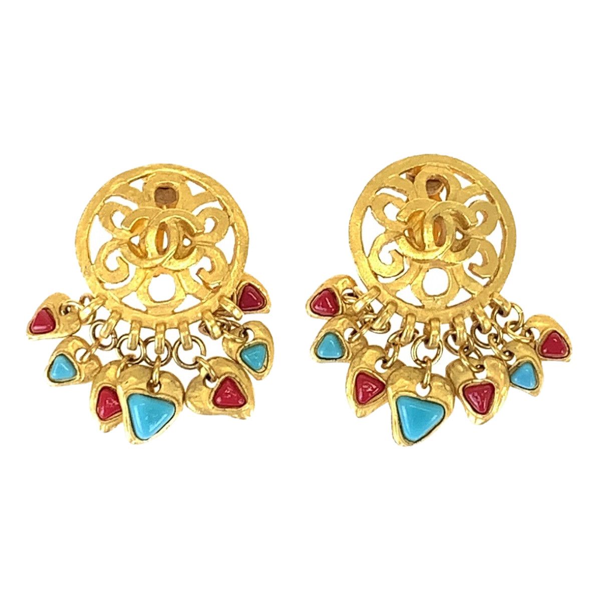 Chanel Vintage CC Logo Stone Gold Red Blue Plated Earrings Swing