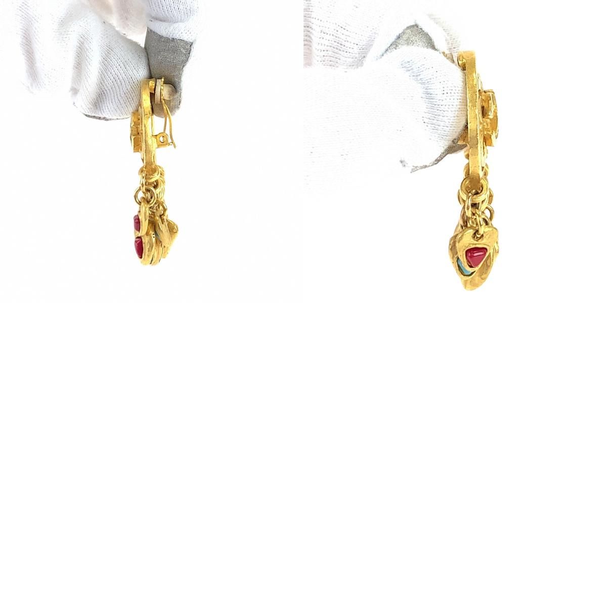 Chanel Vintage CC Logo Stone Gold Red Blue Plated Earrings Swing — view 9