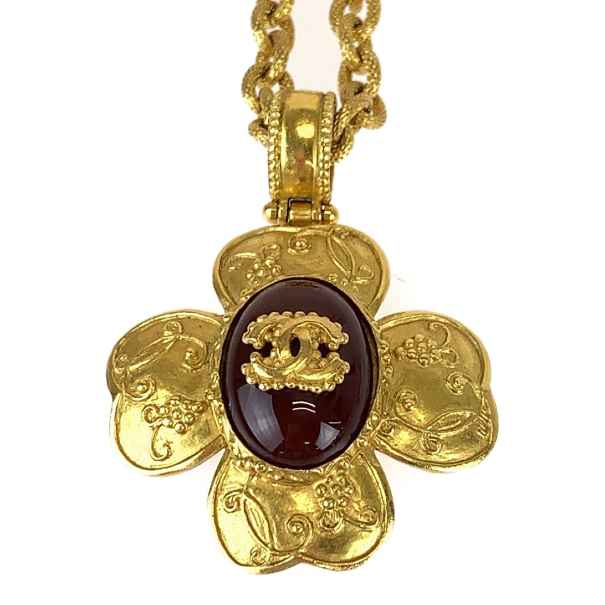 Chanel Vintage Gripoix CC Logo Stone Flower Gold Wine Red Plated Necklace