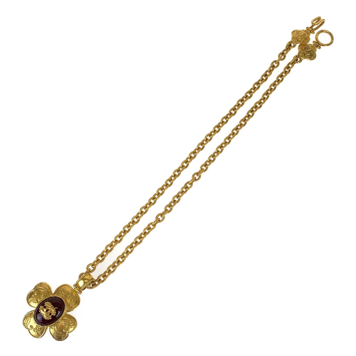 Chanel Vintage Gripoix CC Logo Stone Flower Gold Wine Red Plated Necklace — view 5