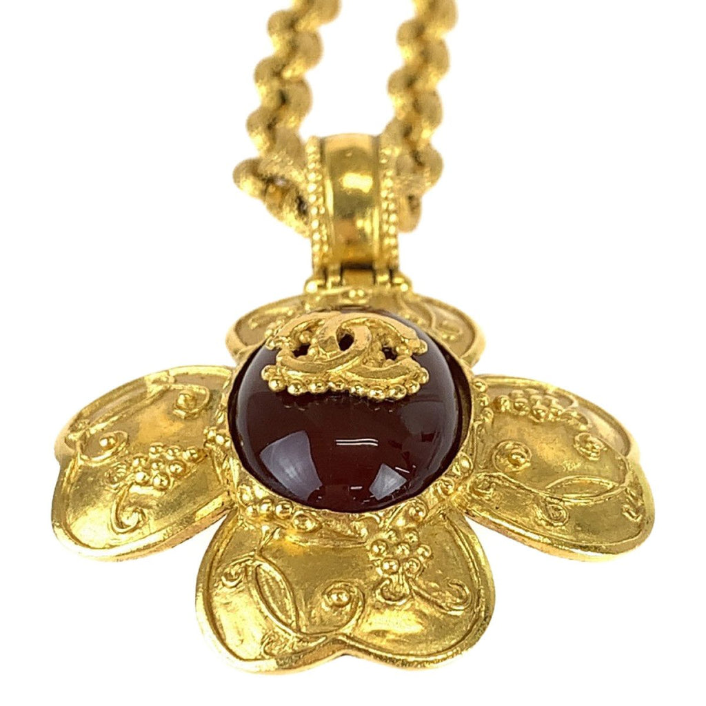 Chanel Vintage Gripoix CC Logo Stone Flower Gold Wine Red Plated Necklace — view 3