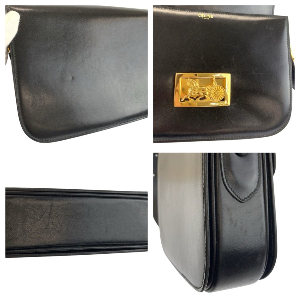 Celine Vintage Carriage Black Gold Leather Shoulder — view 6