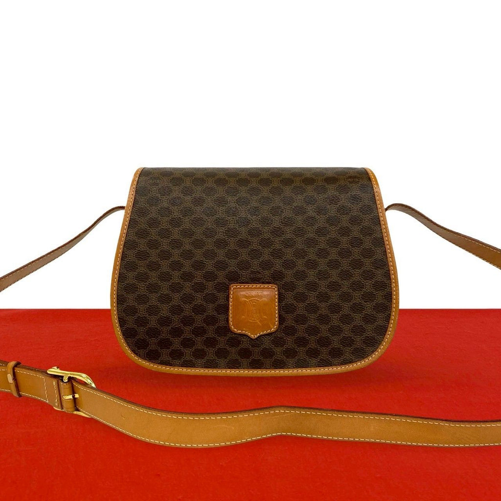 Celine Vintage Macadam Blason Triomphe Logo Pattern Leather Shoulder Bag Brown