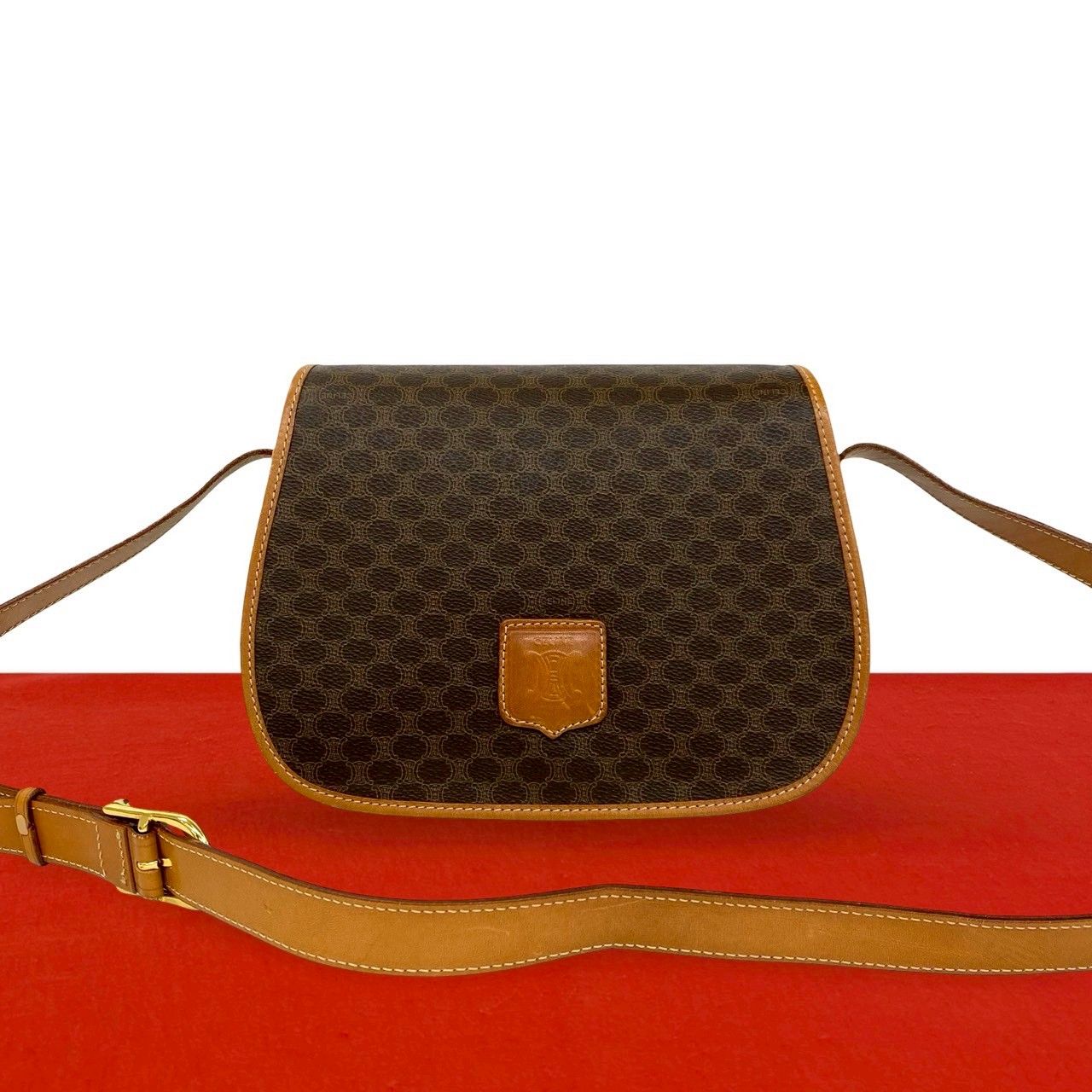 Celine Vintage Macadam Blason Triomphe Logo Pattern Leather Shoulder Bag Brown
