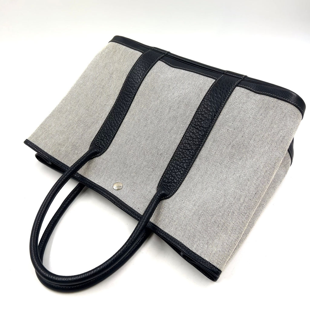 Hermes Garden Party PM Leather Canvas Black Light Gray Tote Silver — view 9