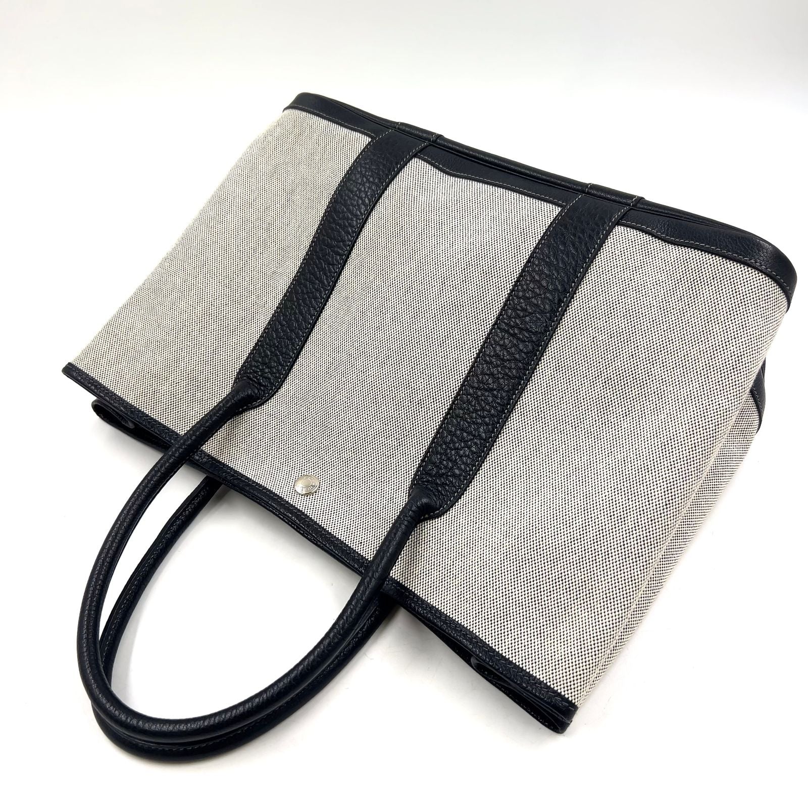 Hermes Garden Party PM Leather Canvas Black Light Gray Tote Silver — view 9