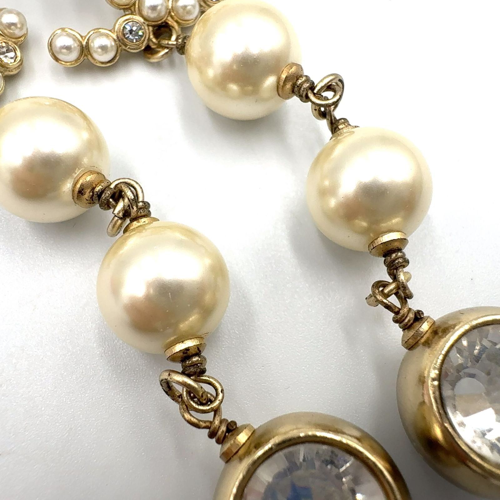 Chanel CC Logo Rhinestone Faux Pearl Long Color Stone Off White Clear Gold — view 9