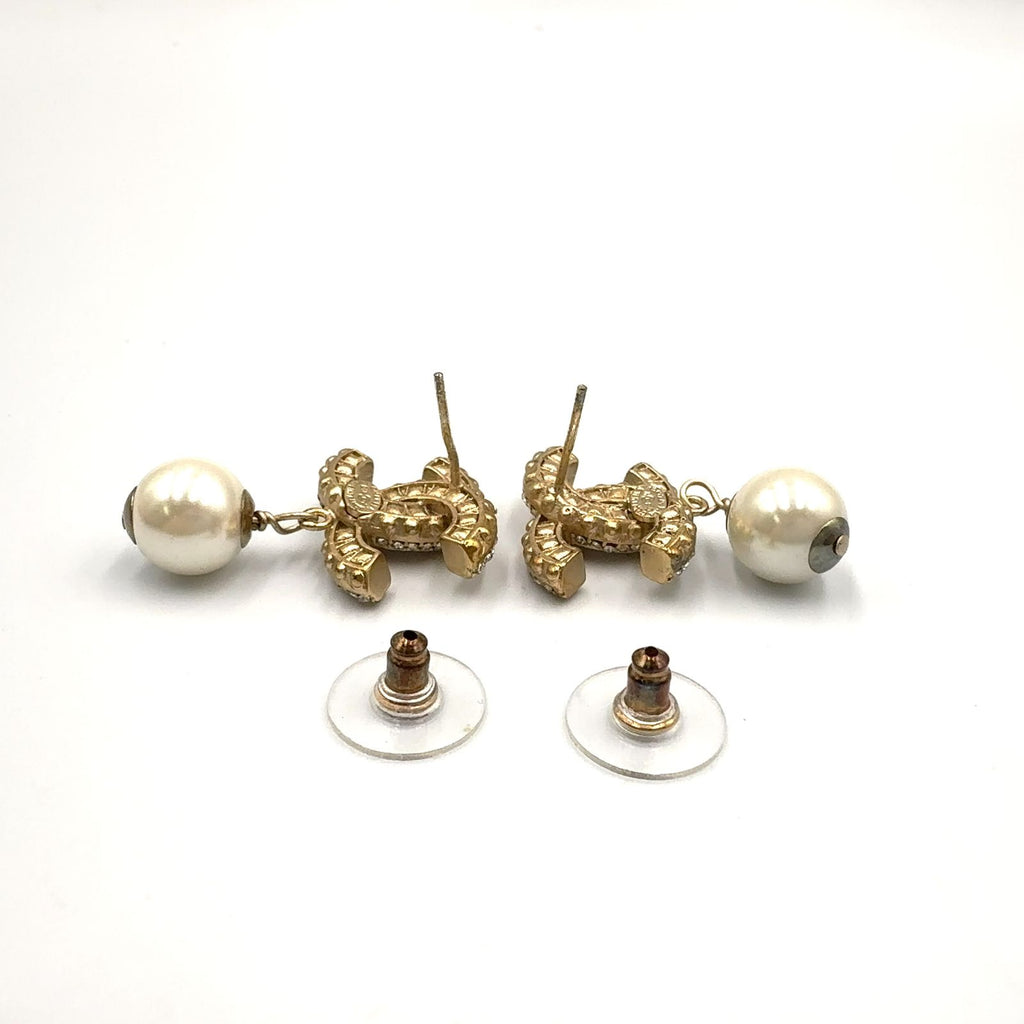 Chanel CC Logo Pearl Swing Faux Color Stone Off White Clear Gold Earrings — view 5