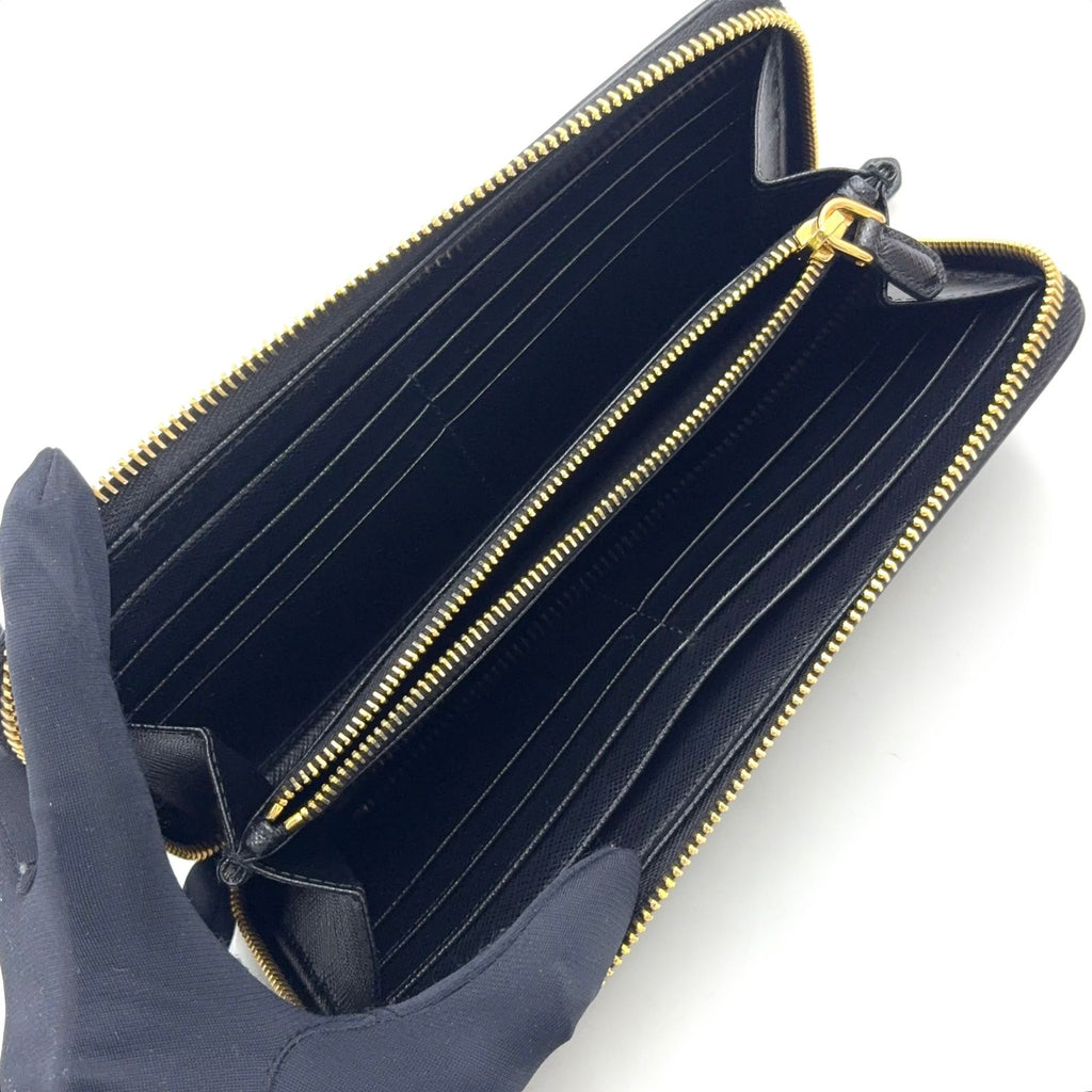Prada Saffiano Leather Zip Around Black Wallet Gold — view 3