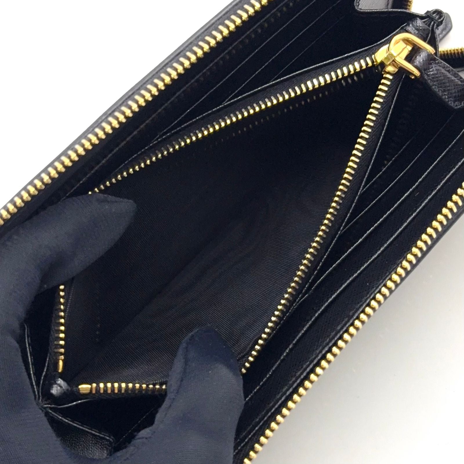 Prada Saffiano Leather Zip Around Black Wallet Gold — view 5
