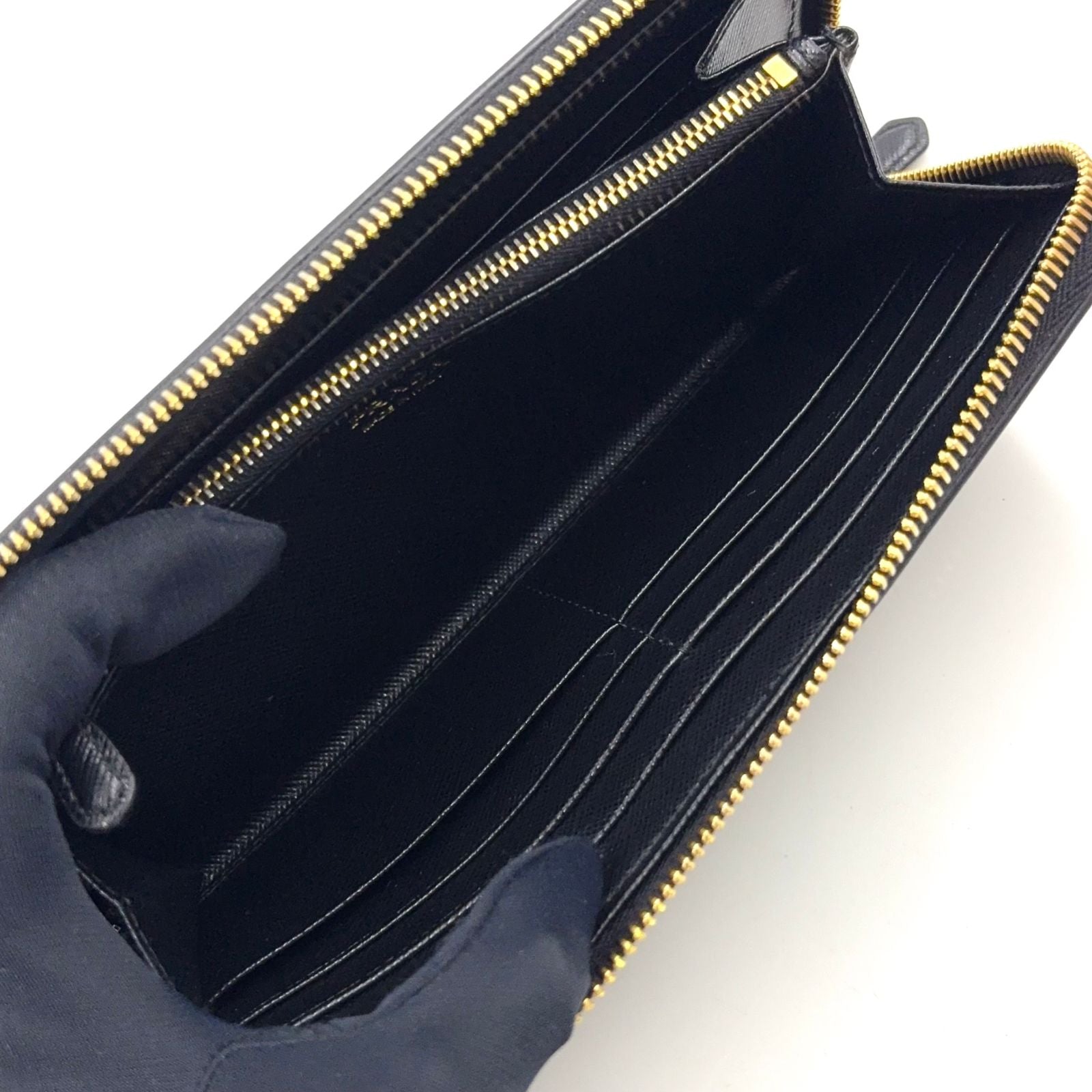 Prada Saffiano Leather Zip Around Black Wallet Gold — view 6