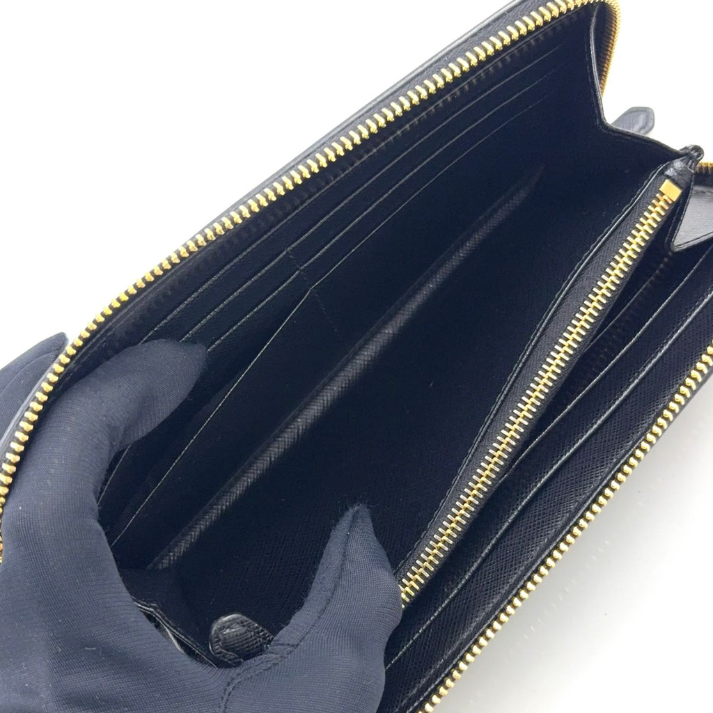 Prada Saffiano Leather Zip Around Black Wallet Gold — view 7