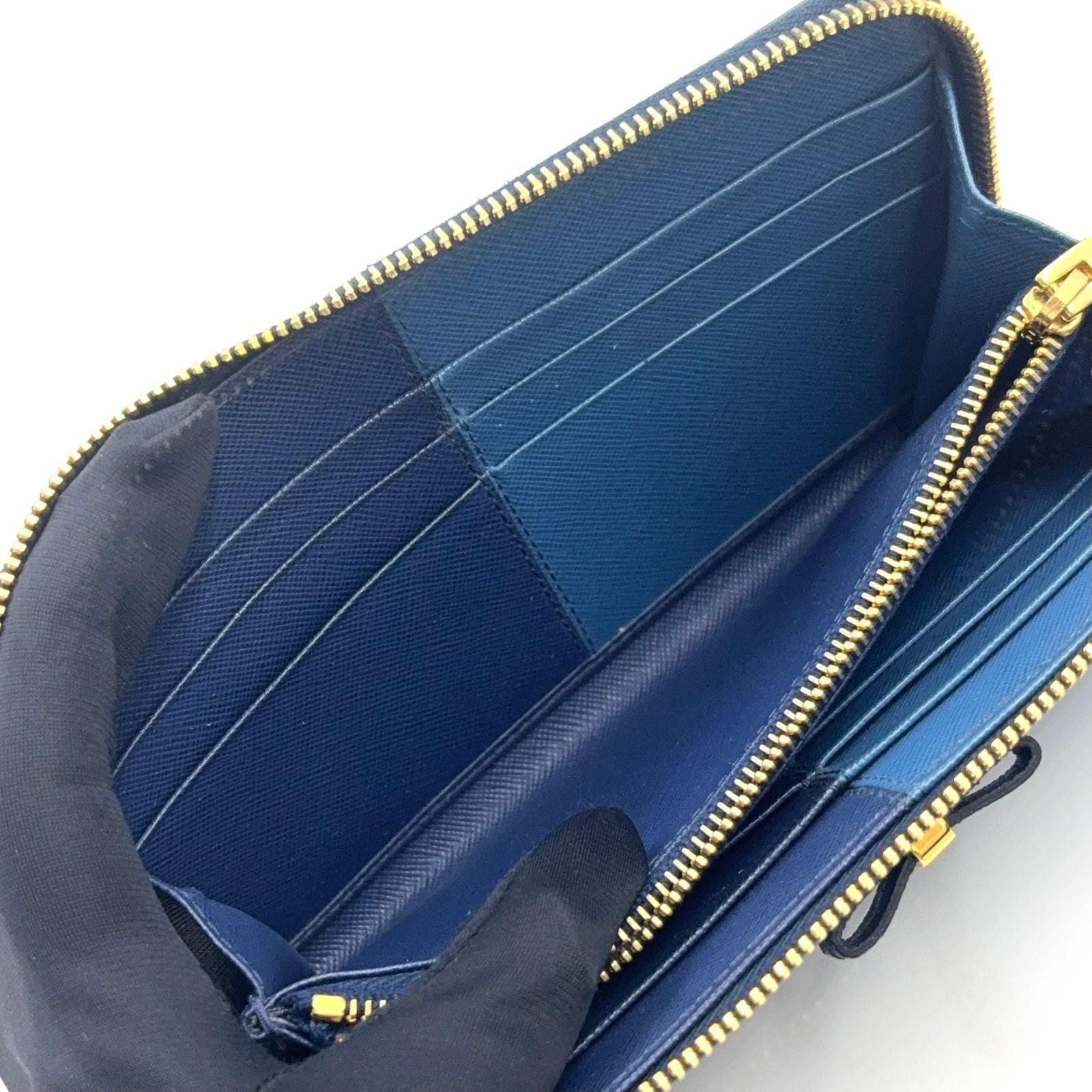 Prada Ribbon Bicolor Zip Around Leather Blue Light Wallet Gold — view 7