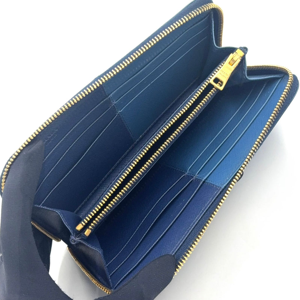 Prada Ribbon Bicolor Zip Around Leather Blue Light Wallet Gold — view 3
