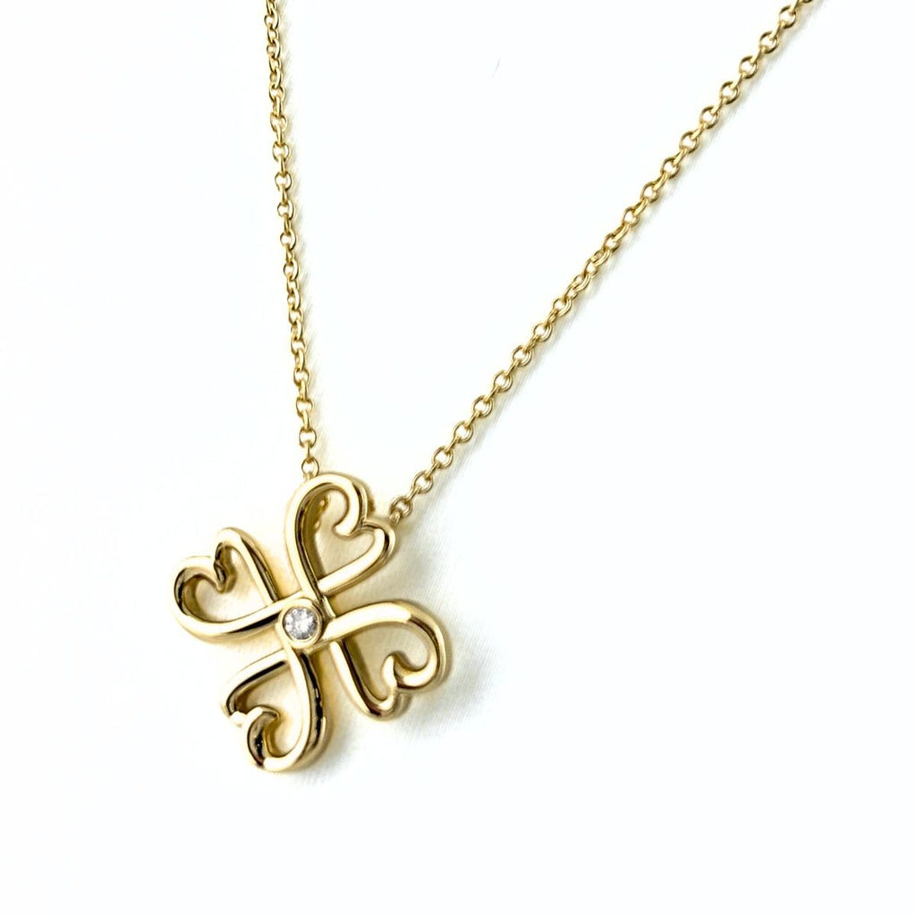 Tiffany & Co Loving Heart Clover Necklace YG Yellow Gold Pendant Diamond