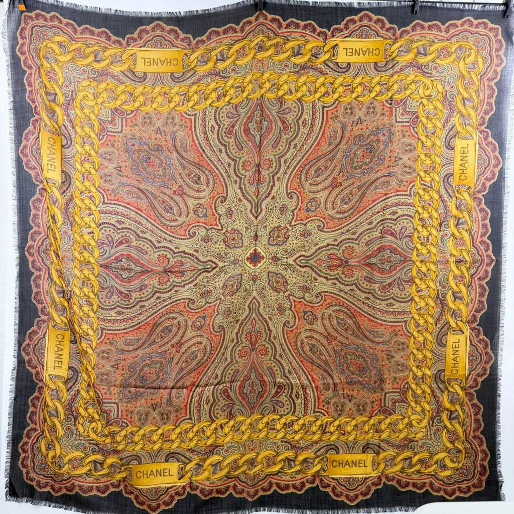 Chanel Chain Paisley Pattern Large Shawl Cashmere 48% Silk 52% Black Gold