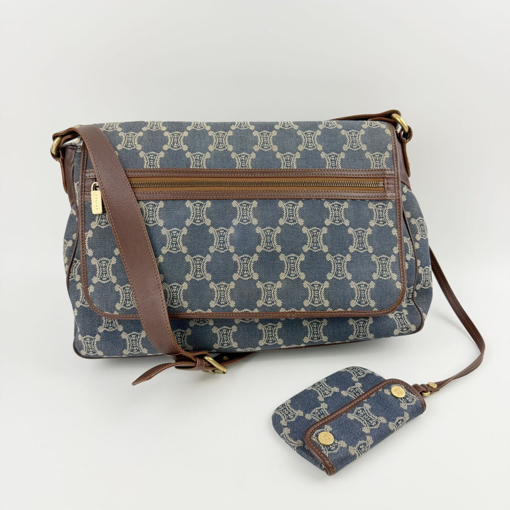 Celine Denim Macadam Pattern Shoulder Bag Blue Brown Gold Vintage