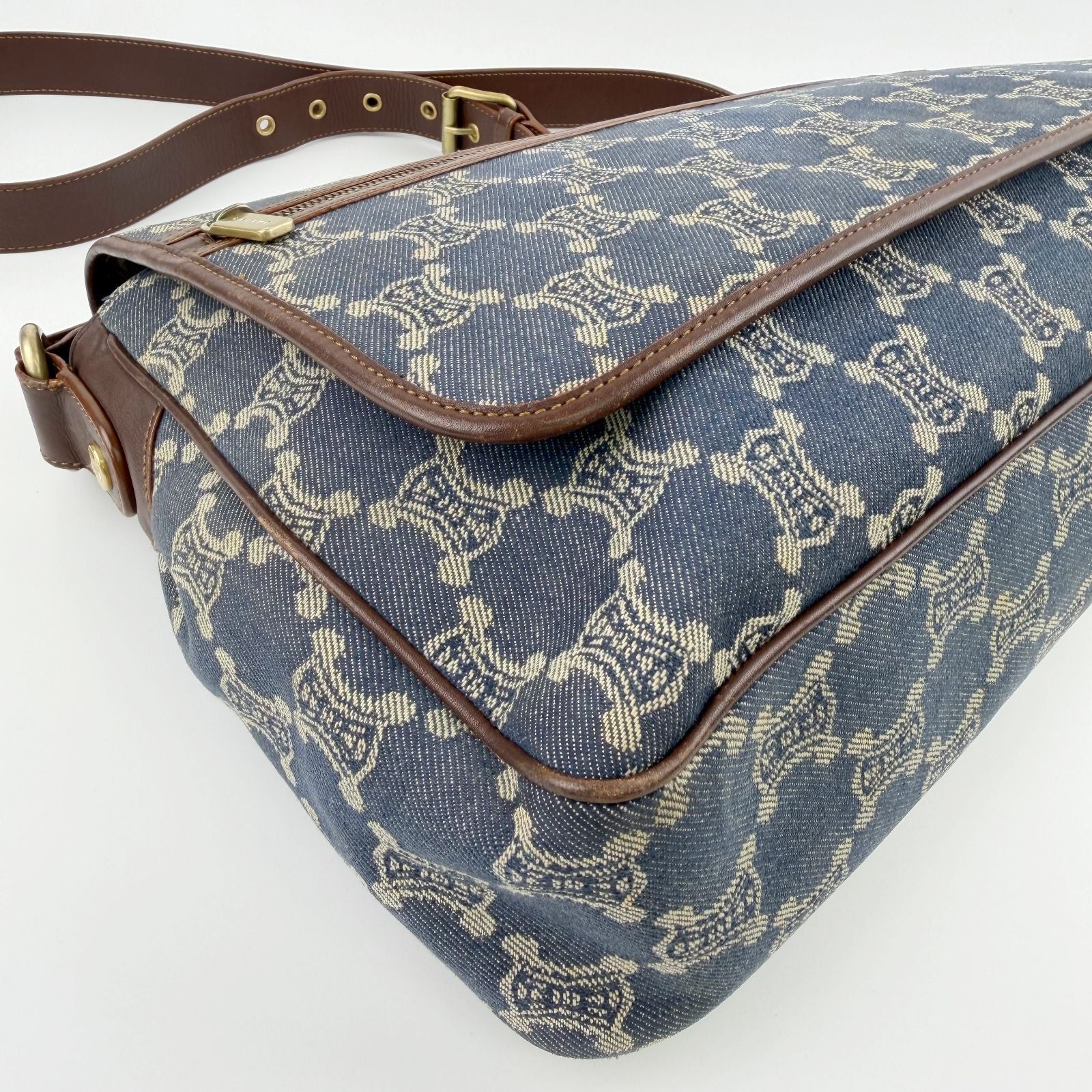 Celine Denim Macadam Pattern Shoulder Bag Blue Brown Gold Vintage — view 8