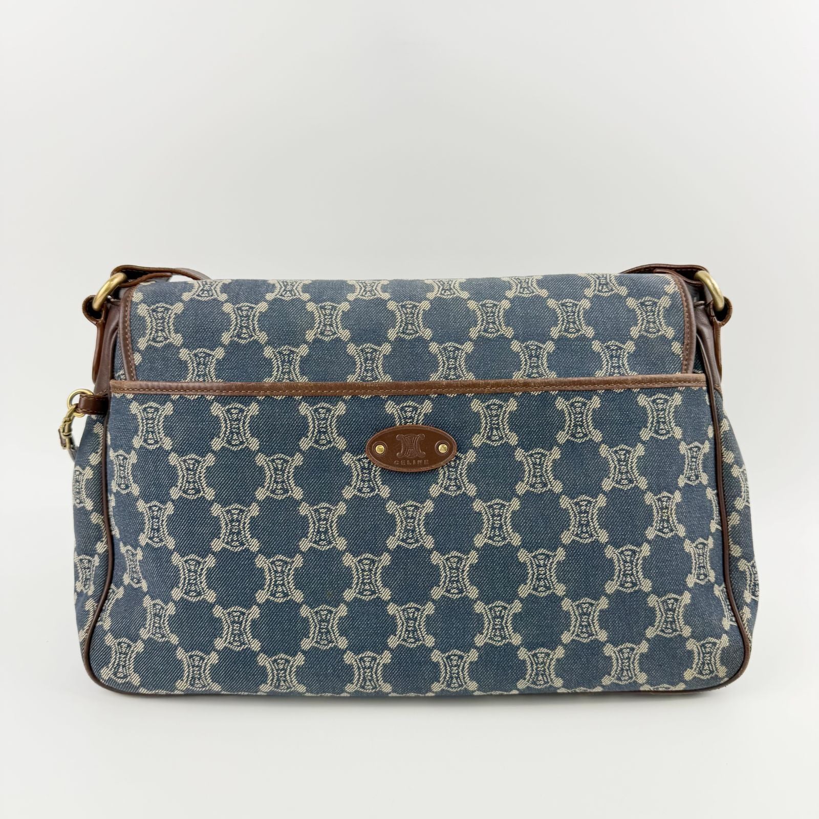 Celine Denim Macadam Pattern Shoulder Bag Blue Brown Gold Vintage — view 5