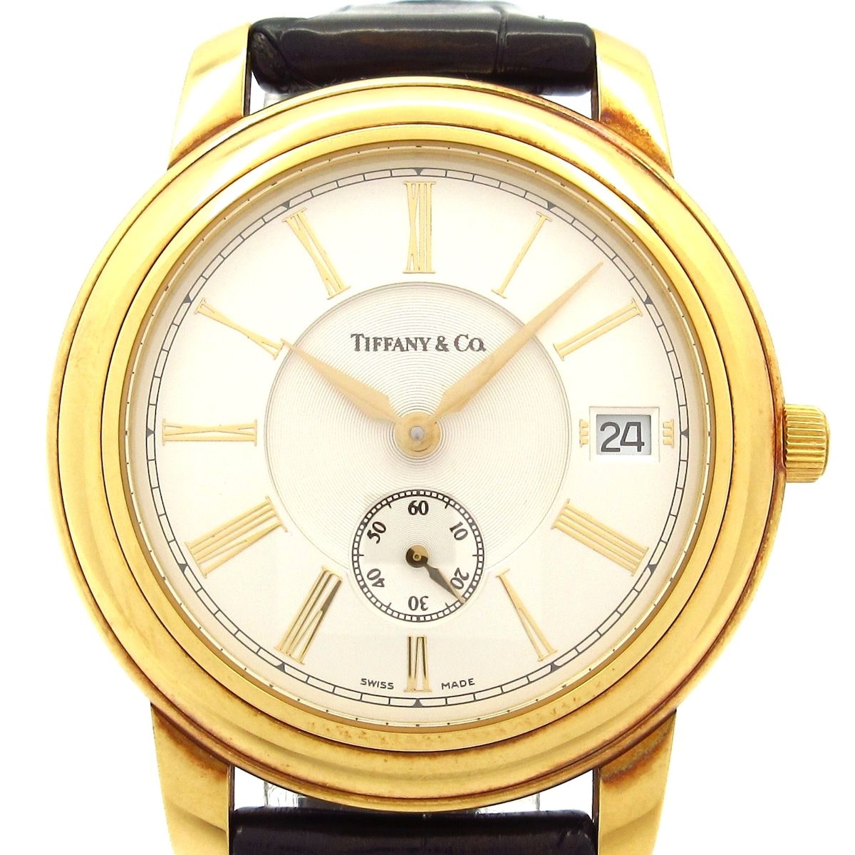 Tiffany & Co Watch Mark Round 18k Yellow Gold Leather Silver