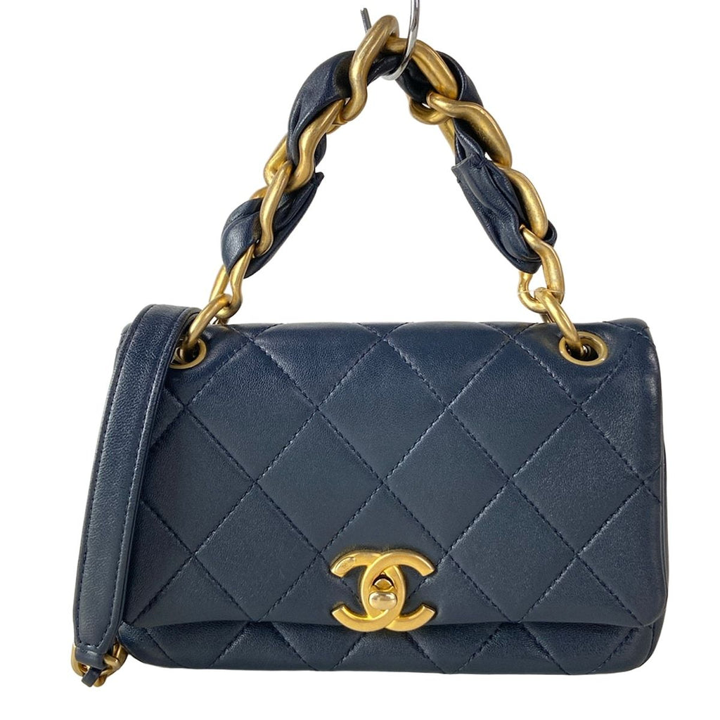 Chanel Shoulder Bag Mini Quilted Dark Navy 2-Way Chain Top Handle Vintage Gold