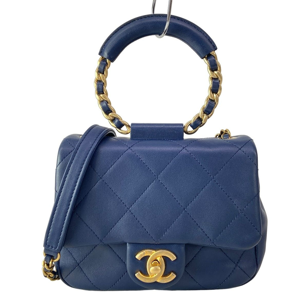 Chanel Shoulder Bag Mini Quilted Navy Round Handle 2-Way Chain Vintage Gold