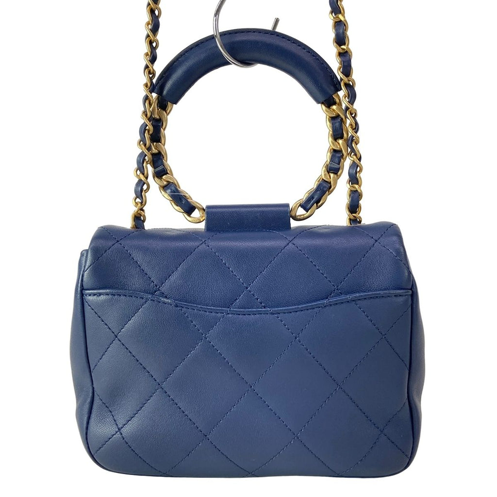 Chanel Shoulder Bag Mini Quilted Navy Round Handle 2-Way Chain Vintage Gold — view 3