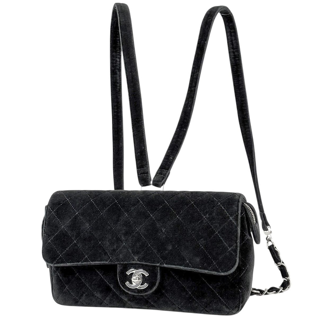 Chanel CC Logo Chain Backpack Quilted Velour Black