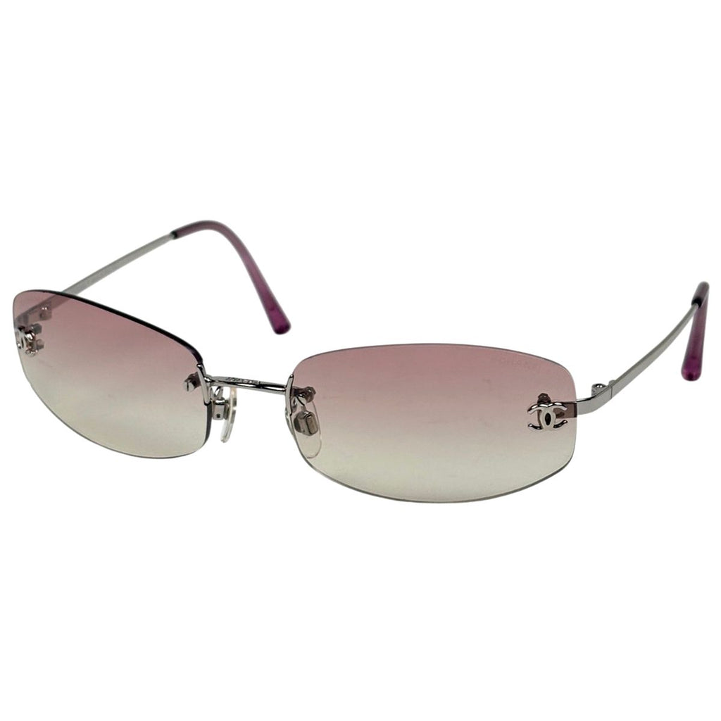 Chanel CC Logo Sunglasses Eyewear Rimless Metal Pink Silver