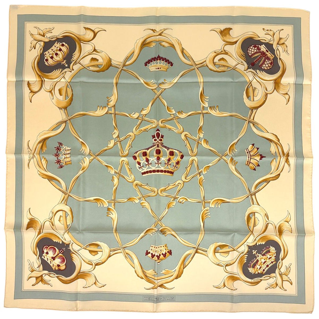 Hermes Carre 90 Crown Pattern Scarf Silk Beige Multicolor