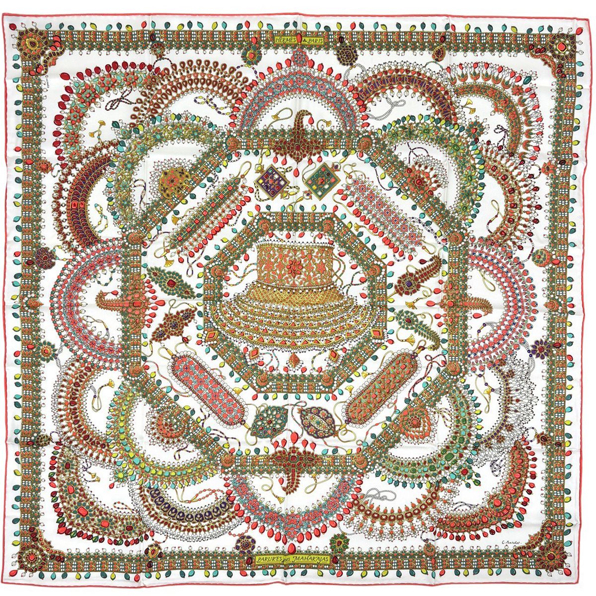 Hermes Carre 90 Parures Des Maharaja Scarf Silk Pink Red Multicolor
