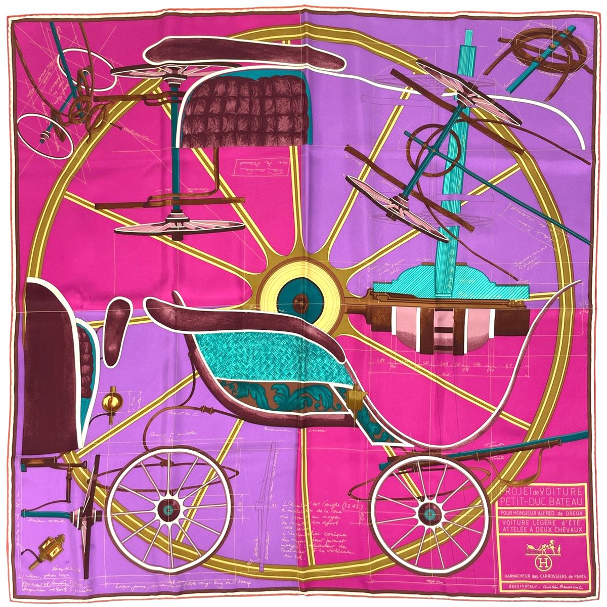 Hermes Carre 90 Projet de Voiture Petit Duc Bateau Carriage Scarf Silk Purple