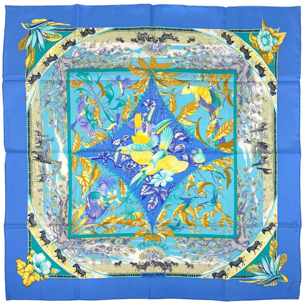 Hermes Carre 90 Tropiques Tropic Scarf Silk Blue Multicolor