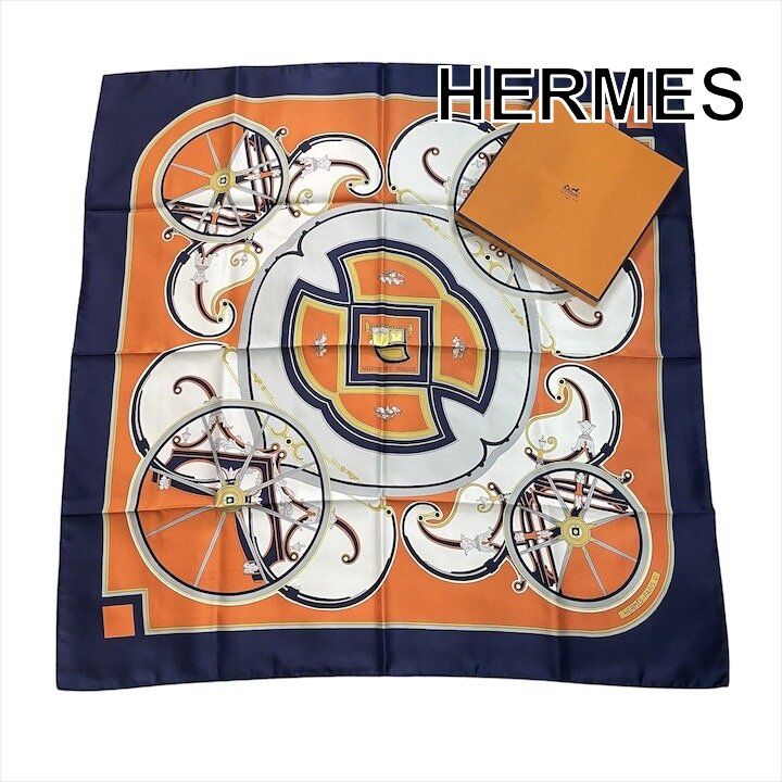 Hermes Carre 90 Large All Over Pattern Scarf Silk Orange