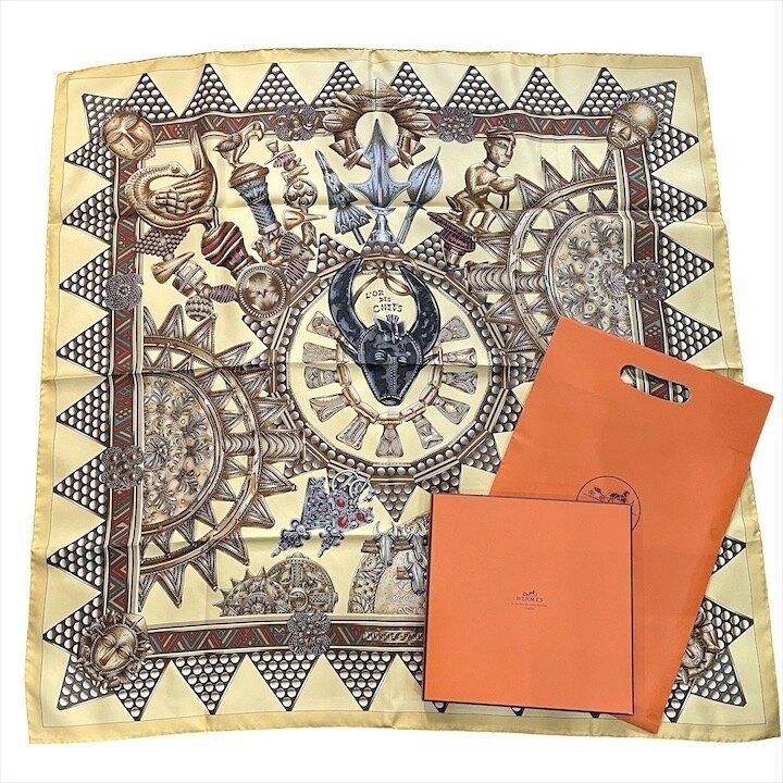 Hermes Carre 90 All Over Pattern Scarf Silk Yellow