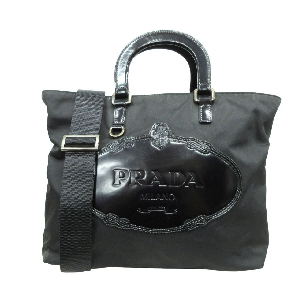 Prada 2-Way Nylon Leather Hand Tote Shoulder Bag Logo Black