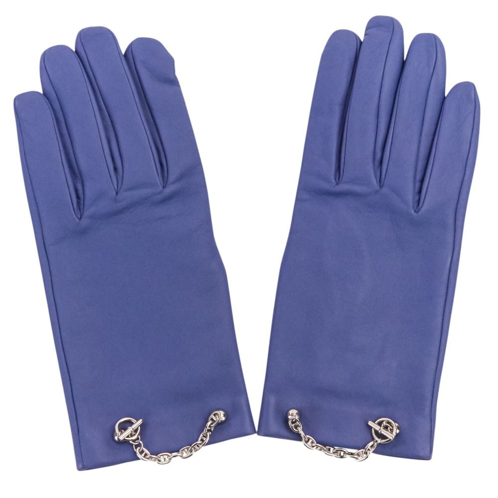 Hermes Bonnie Chaine D'ancre Chain Lambskin Gloves 7.5 Blue