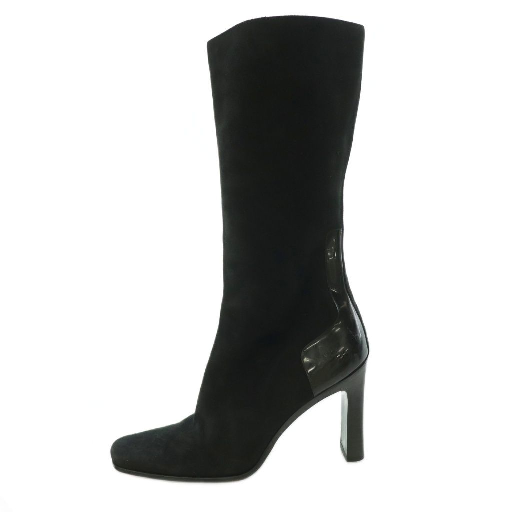 Gucci Long Boots Square Toe Chunky Heels Suede Contrast One Color 36.5 Black BB