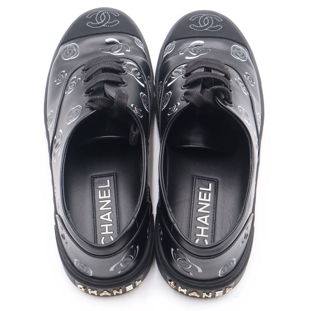Chanel CC Logo Camellia Sneakers Black Fabric Leather — view 4