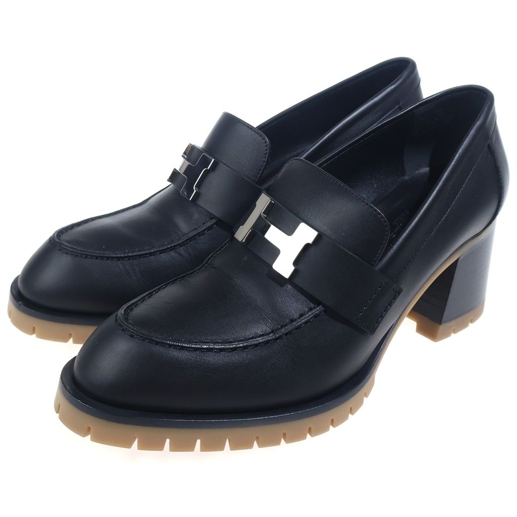 Hermes Fock 60 Logo Leather Heels Loafers Shoes Silver Black — view 2