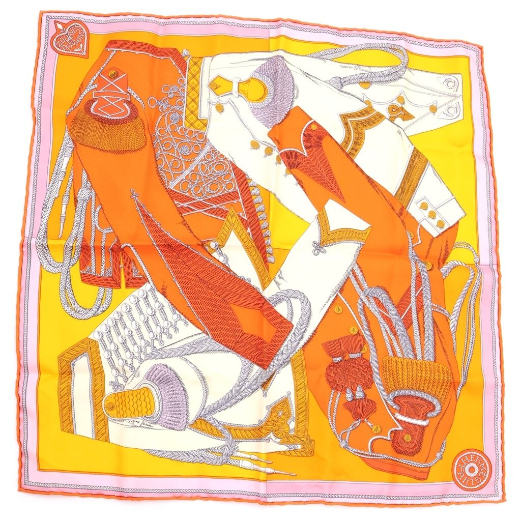 Hermes Carre 45 Zoavu and Dragon All Over Print Silk Scarf Orange