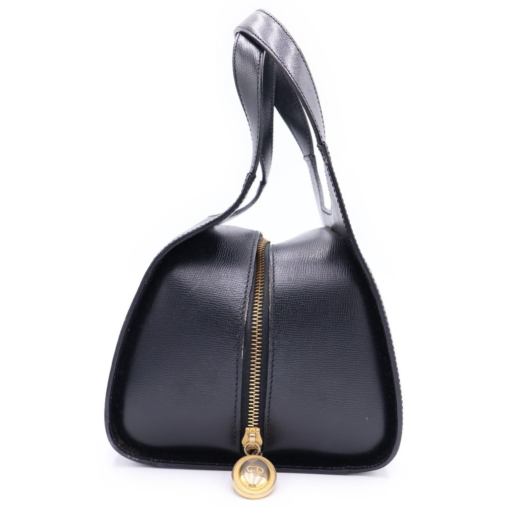 Dior Vintage Round Oval Leather Handbag Black Gold — view 3