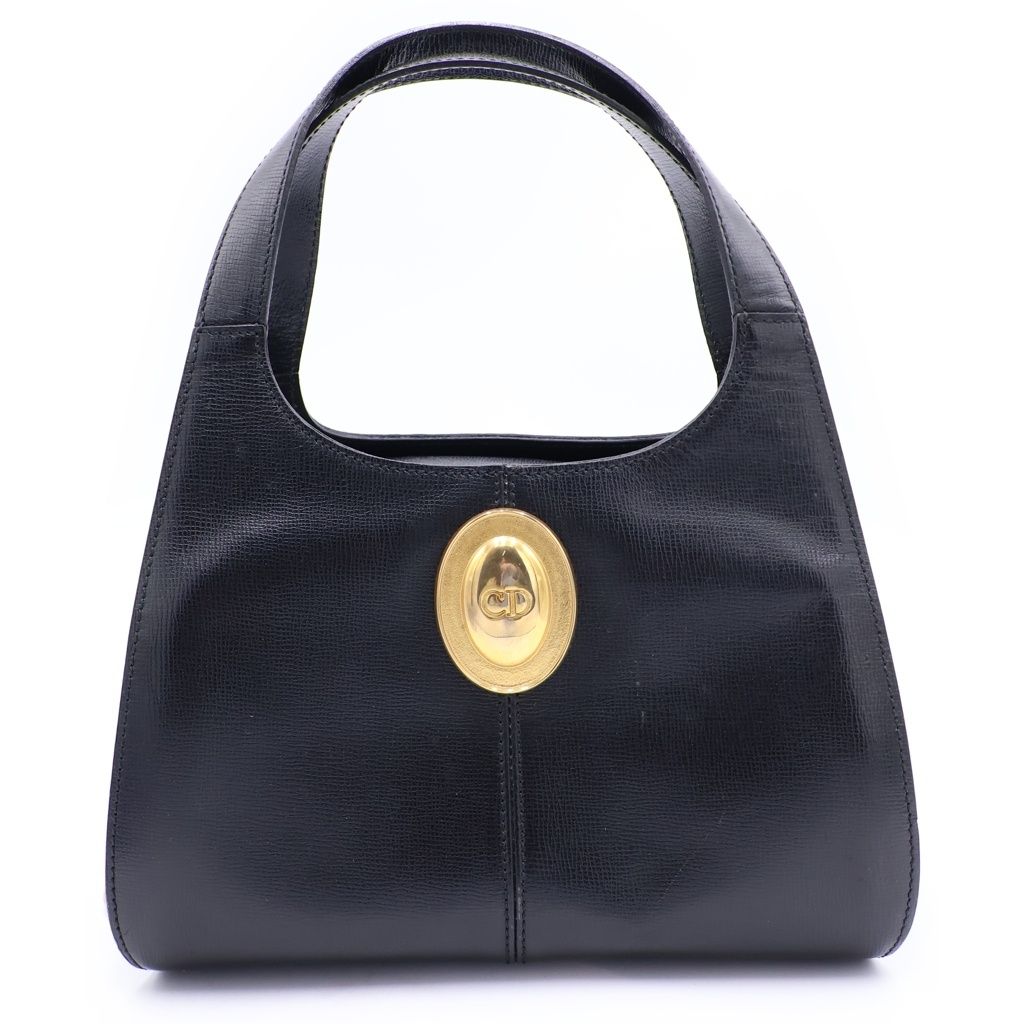 Dior Vintage Round Oval Leather Handbag Black Gold