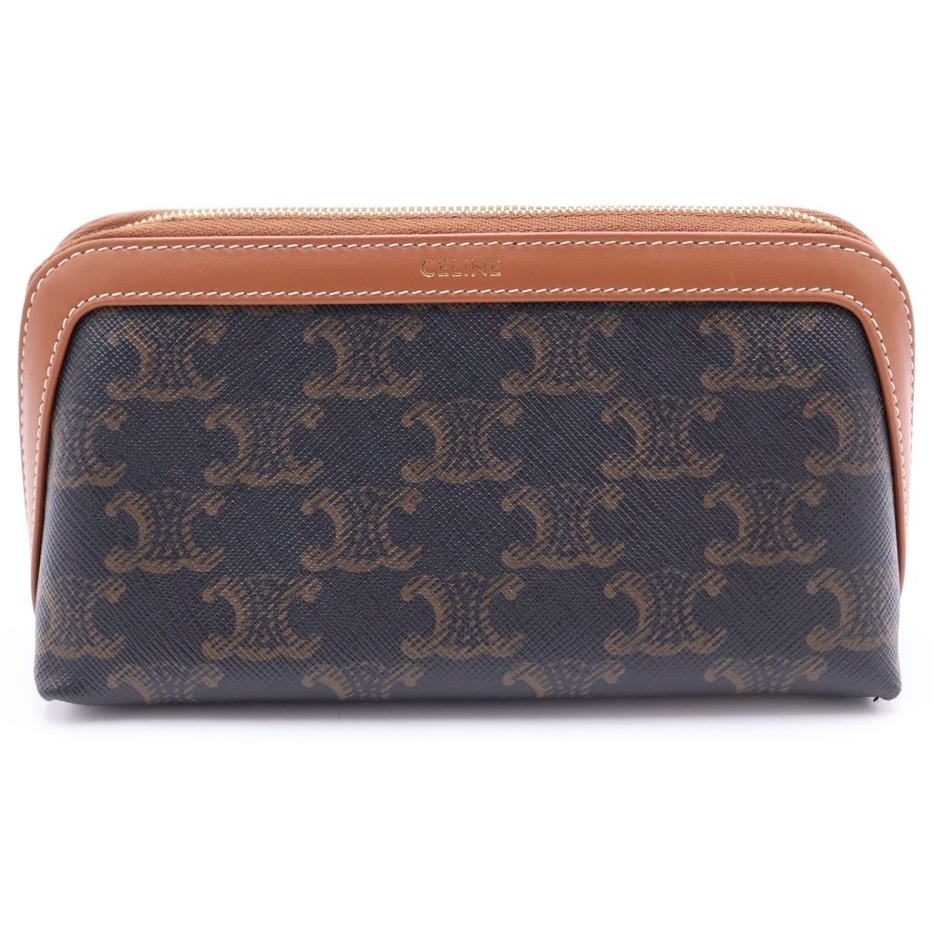 Celine Small Cosmetics Pouch Brown Tan Leather Gold